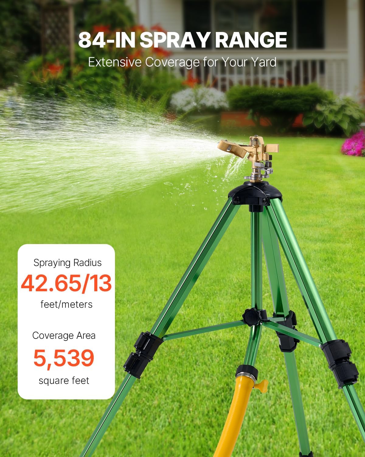VEVOR Impact Sprinkler on Tripod Base, Heavy Duty Tripod Sprinklers with Brass Head & 3/4" Connector, 360 Degree Large Area Coverage Irrigation Sprinkler, Adjustable Heights, for Yard Green