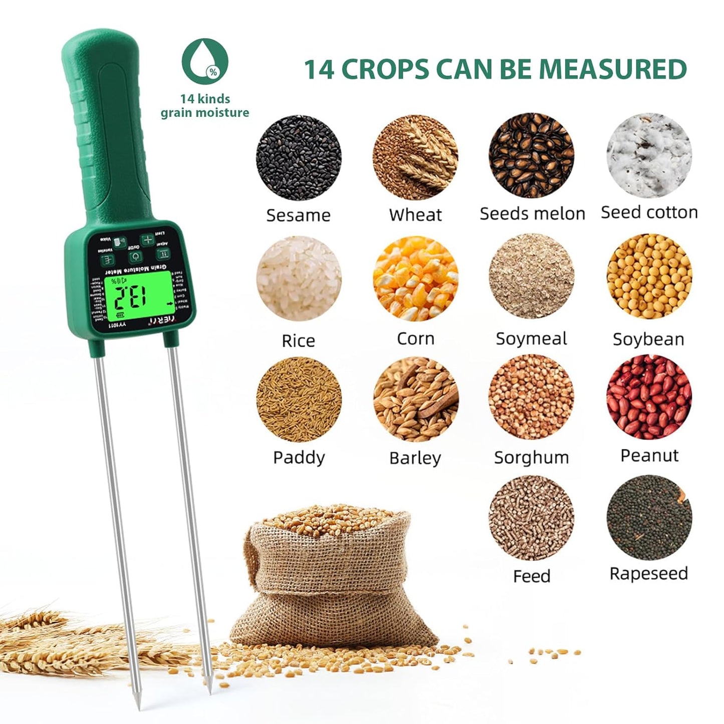 Portable Hay Moisture Meter, LCD Digital Tool Moisture Meter, Wheat Soybean Grain Moisture Tester, with Voice Broadcast, for bran, Forage Grass, Testing Fibre