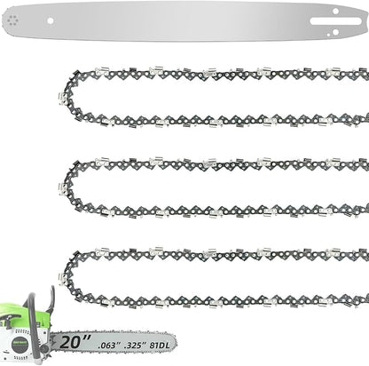 20 Inch Chainsaw Bar and Chain Combo for Stihl .325" Pitch .063'' Gauge 81 Drive Links Fits STIHL 20” Chainsaw Replacement Chains MS260 MS280 MS290 MS291 024 026 028 029 036 (3 Chains + 1Bar)