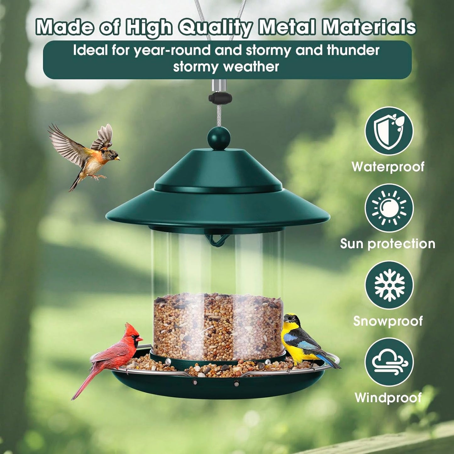 Metal Roof Bird Feeder, Hanging Bird Feeders for Outdoors with 2LB Clear Tube Seed Capacity for Viewing Cardinal Finch, 360° Feeding Wild BirdFeeders for Outside Garden Yard Decoration