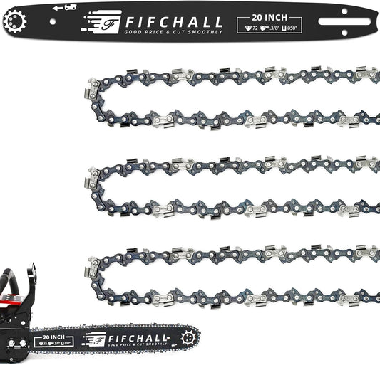 20 Inch Chainsaw Bar & Chain Combo for Husqvarna 20" 72 Drive Links 3/8" Pitch .050" Gauge Fits Husqvarna 455 Rancher 555 Rancher 570 576XP 257 365 372XP, Poulan PP5020AV PR5020 (3 Chains+ 1Bar)