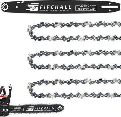 20 Inch Chainsaw Bar & Chain Combo for Husqvarna 20" 72 Drive Links 3/8" Pitch .050" Gauge Fits Husqvarna 455 Rancher 555 Rancher 570 576XP 257 365 372XP, Poulan PP5020AV PR5020 (3 Chains+ 1Bar)