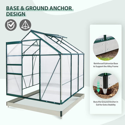 EAGLE PEAK 6x6x7 Outdoor Walk-in Hobby Greenhouse with Adjustable Roof Vent and Rain Gutter, Base and Anchor, Polycarbonate Aluminum Green House for Backyard Garden, Dark Green