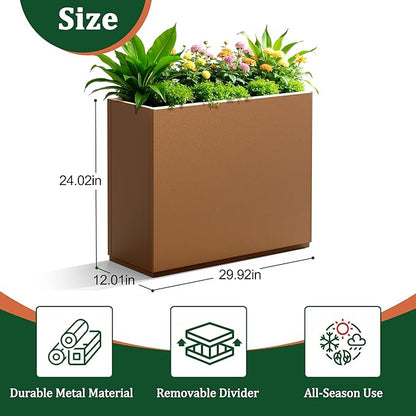 Large Rectangle Planter Metal Brown Planter Box with a Drainage Hole and a Removable Divider Indoor Outdoor Porch Pots for Tall Plants, Trees, Flowers 29.92" x 12.01" x 24.02" Brown