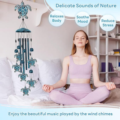 Sea Turtle Wind Chimes for Outside, Large Turtle Garden Decor, Unique Sea Animal Decor for Mom, Grandma, 40" Outdoor Windchimes for Lawn, Porch, Patio, Yard, Christmas