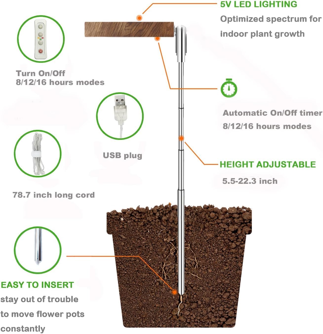yadoker Plant Grow Light, LED Growing Light Full Spectrum for Indoor Plants,Height Adjustable, Automatic Timer, 5V Low Safe Voltage,Idea for Small Plant Light