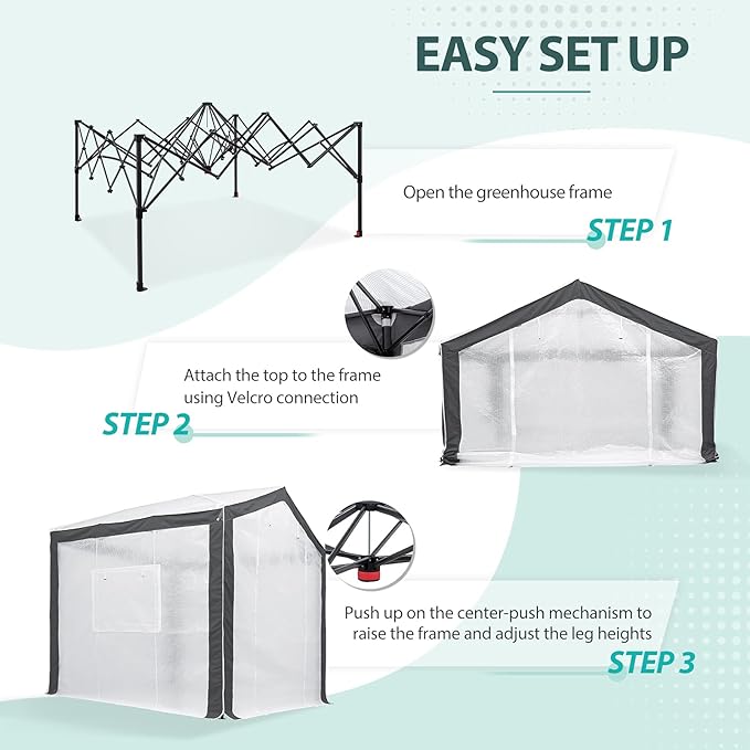 EAGLE PEAK 8x8 Portable Walk in Greenhouse with Polyester Reinforced Corners, Heavy Duty Instant Pop Up Indoor Outdoor Green House, Front Roll Up Zipper Entry Door and Mesh Windows, Gray/White