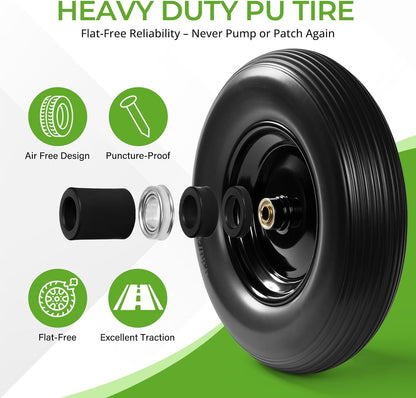 Backyard Expressions 16-Inch Flat-Free PU Tire 2-Pack – Heavy-Duty Solid Poly Wheels with 5/8" & 3/4" Bearings, Spacer Kit & Steel Hubs for Wheelbarrows, Garden Carts, Hand Trucks & Utility Equipment