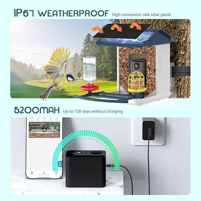 Bird Feeder with Camera-2K HD & Full Color Night Vision, Free AI Forever for 1,1000+ Species Identification, Solar Powered Wireless Outdoor, Includes 64GB TF Card, Two-Way Audio, App Alerts