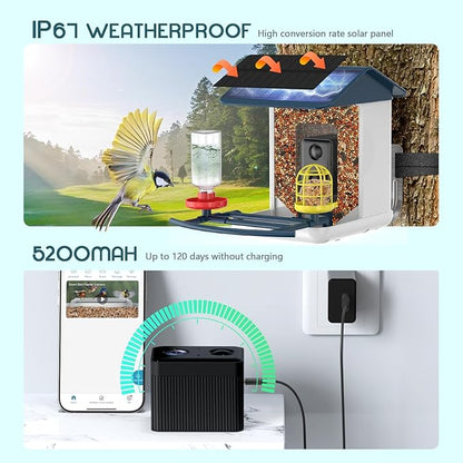 Bird Feeder with Camera-2K HD & Full Color Night Vision, Free AI Forever for 1,1000+ Species Identification, Solar Powered Wireless Outdoor, Includes 64GB TF Card, Two-Way Audio, App Alerts