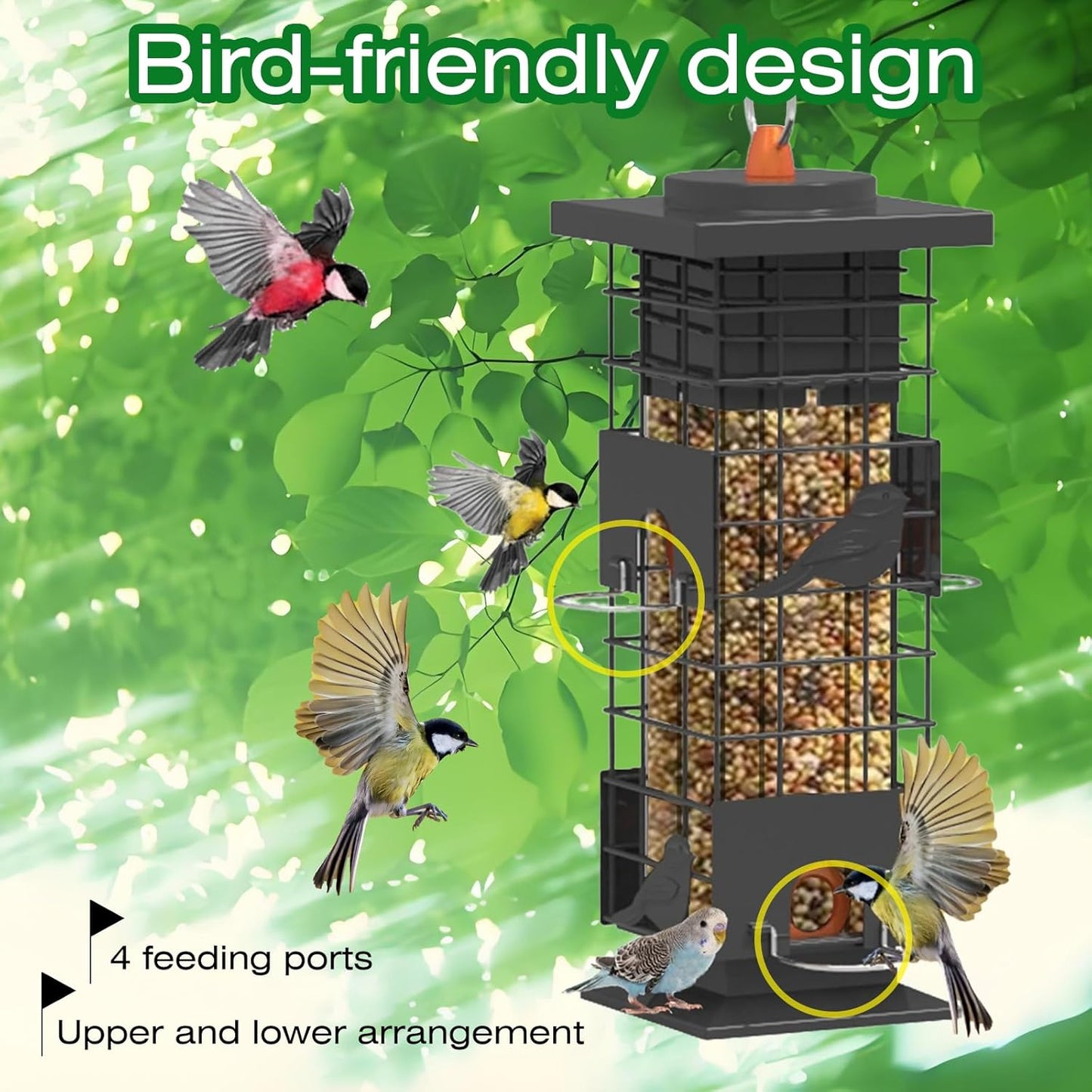 Squirrel Proof Bird Feeders Outdoor Hanging Metal Feeder, 4 Ports for Wild Birds | Weather-Resistant, 2.5 LB Capacity, Ideal for Family Yards & Gardens