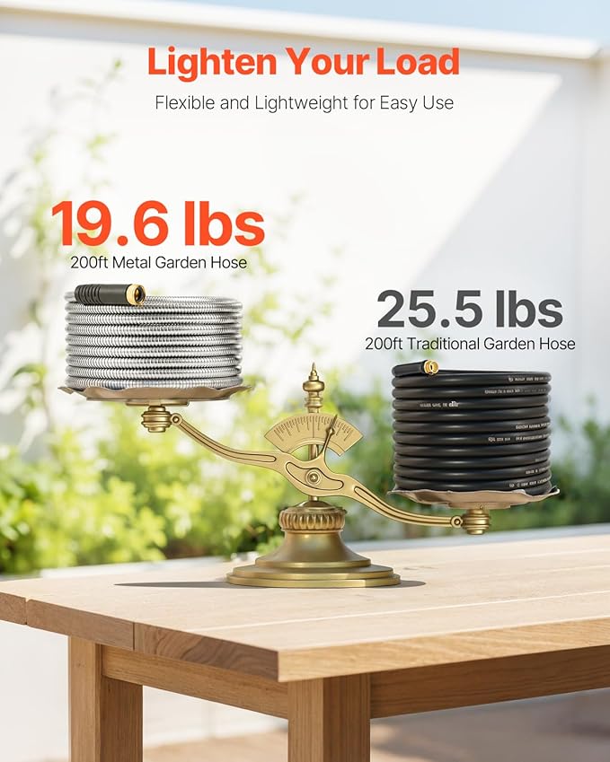 VEVOR Metal Garden Hose 200 ft, Heavy Duty Stainless Steel Water Hose with 10-Function Nozzle, No-Kink & Flexible Outdoor Garden Hose, Rust-Proof Lightweight Hose for Yard, RV, Car Wash