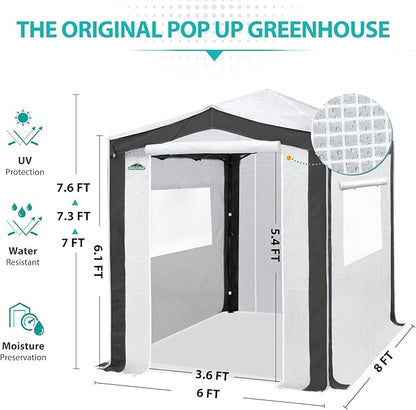 EAGLE PEAK 8x6 Portable Walk in Greenhouse with Polyester Reinforced Corners, Instant Pop Up Indoor Outdoor Gardening Green House, Roll Up Zipper Entry Doors and Mesh Windows, Gray/White