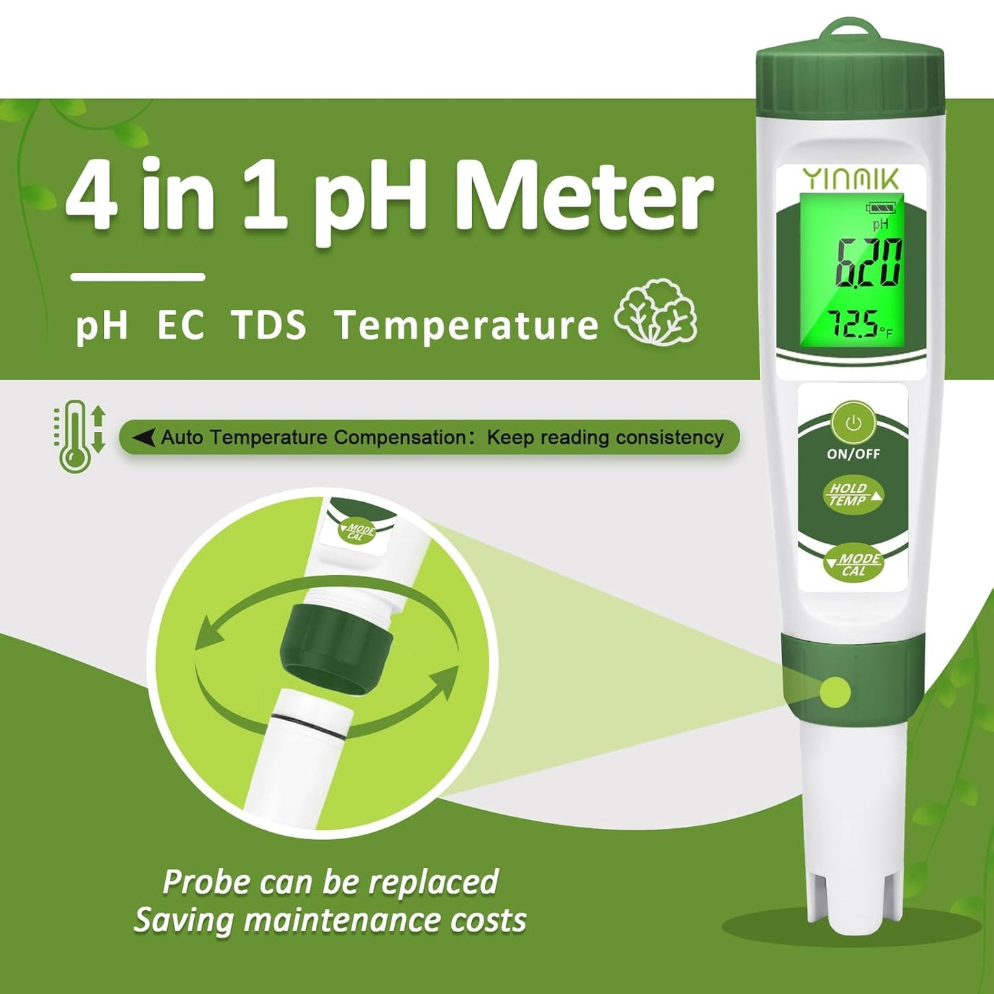 YINMIK pH EC Meter for Water Hydroponics, PPM Meter for Nutrients, Measure pH PPM Conductivity Temperature of Hydroponic Garden Water and Nutrient Solution, EC pH TDS Meter for Water, Aquarium, Pool