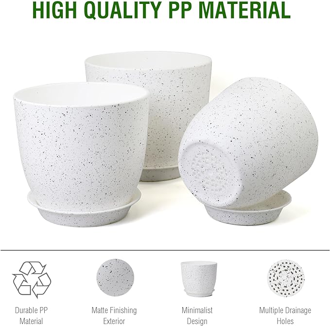10/9/8 inch Medium Plant Pots, Set of 3 Modern Decorative Plastic Planters with Drainage Holes and Saucers for Garden House Plants, Flower Pots for Indoor Outdoor Plants, Speckled White