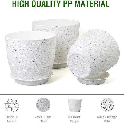 10/9/8 inch Medium Plant Pots, Set of 3 Modern Decorative Plastic Planters with Drainage Holes and Saucers for Garden House Plants, Flower Pots for Indoor Outdoor Plants, Speckled White