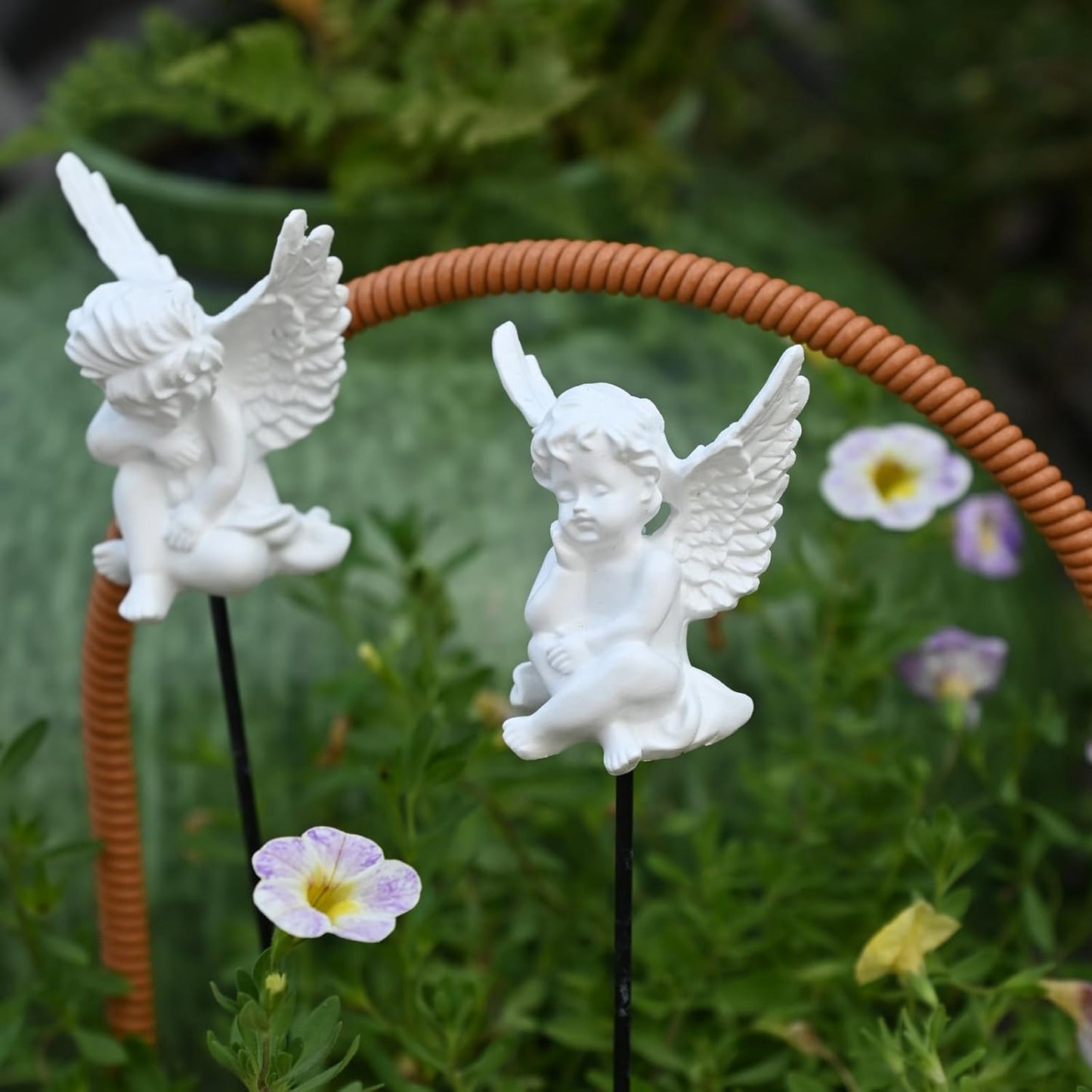 OwMell Set of 2 Decorative Garden Stakes - Small Angel & Cherub Angel Ornaments, Memorial Statue & Flower Pot Decorations