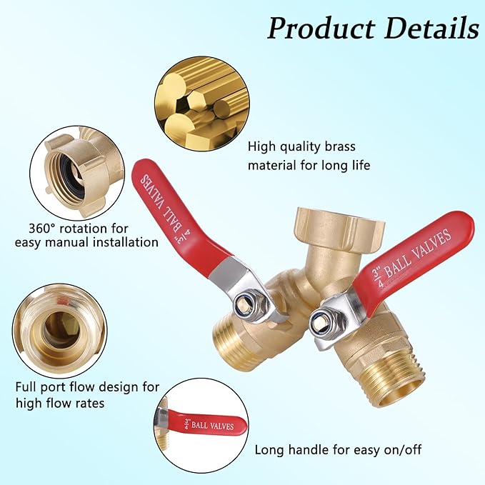 Garden Hose Splitter Full Flow, Brass Hose Splitter 2 Way Heavy Duty, Garden Hose Y Valve Hose Splitter with Shut off Valve, Outdoor Faucet Splitter Hose Connector, 3/4" GHT Threads
