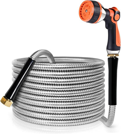 YAMATIC 40FT Stainless Steel Garden Hose with 10 Pattern Spray Nozzle, Heavy Duty Metal Water Hose, Kink-Free, Rust Resistant Hose for Yard, Lawn, RV, Outdoor