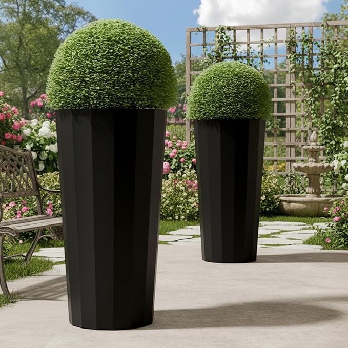 23.6" Tall Planters for Outdoor Plants, Large Outdoor Planters for Porch Decor with Drainage Hole, Wide Stripe Design Flower Pots Fits Indoor Plants Patio/Garden, Plastic Black (2 Pack)