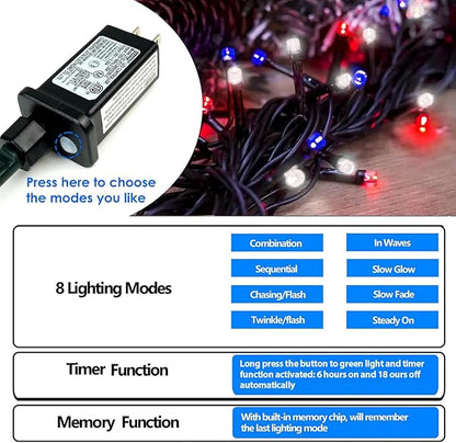 200 LED Red White and Blue Christmas String Lights Outdoor Indoor, 75.8 FT 4th of July Patriotic Lights, Extendable Green Wire Waterproof Mini light for Independence Day Memorial Day Party Decorations