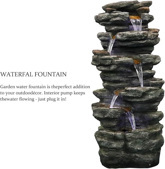 SunJet 40" High 6-Tiers Cascading Rock Outdoor Water Fountain with LED Lights - Large Outdoor Fountains and Waterfalls for Garden or Patio, Yard, and Deck Decor, Featuring Natural Stone Look