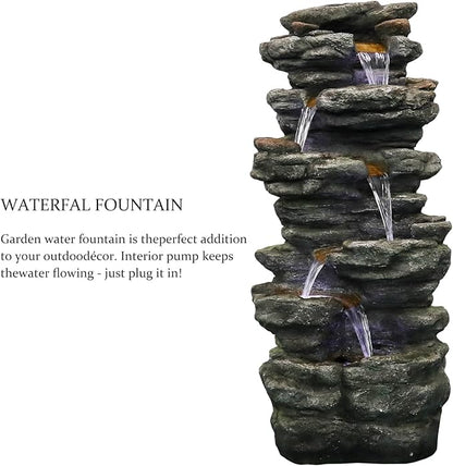 SunJet 40" High 6-Tiers Cascading Rock Outdoor Water Fountain with LED Lights - Large Outdoor Fountains and Waterfalls for Garden or Patio, Yard, and Deck Decor, Featuring Natural Stone Look