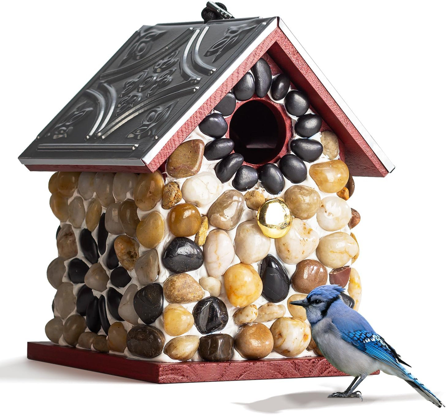 Masterpiece Bluebird Bird House for Outside Clearance, Cedar Bird House Bird Feeder for Outdoor, Stone Villa, Hanging Birdhouse for Outside,Pole Mountable, 10 Years Longtime Lasting (Red)