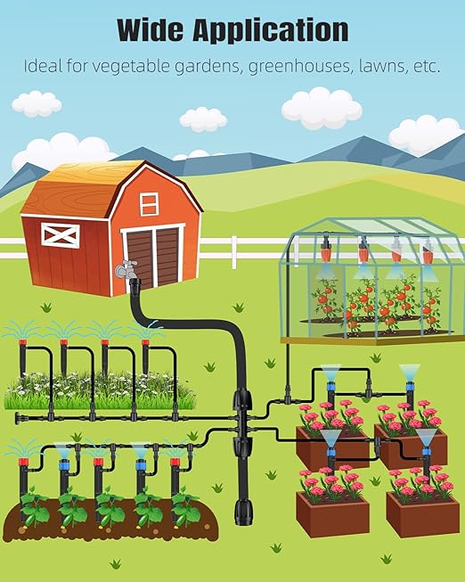 Pawfly 240 ft Drip Irrigation System for Garden, Drip Irrigation Kit with 40ft 1/2" & 200ft 1/4" Tubing Adjustable Emitters Fittings and Accessories, Garden Watering System for Greenhouse Lawn Yard
