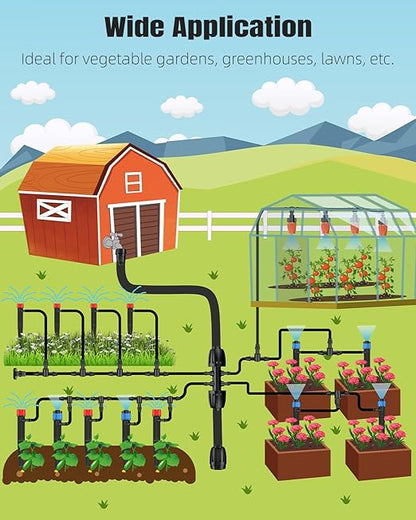 Pawfly 240 ft Drip Irrigation System for Garden, Drip Irrigation Kit with 40ft 1/2" & 200ft 1/4" Tubing Adjustable Emitters Fittings and Accessories, Garden Watering System for Greenhouse Lawn Yard