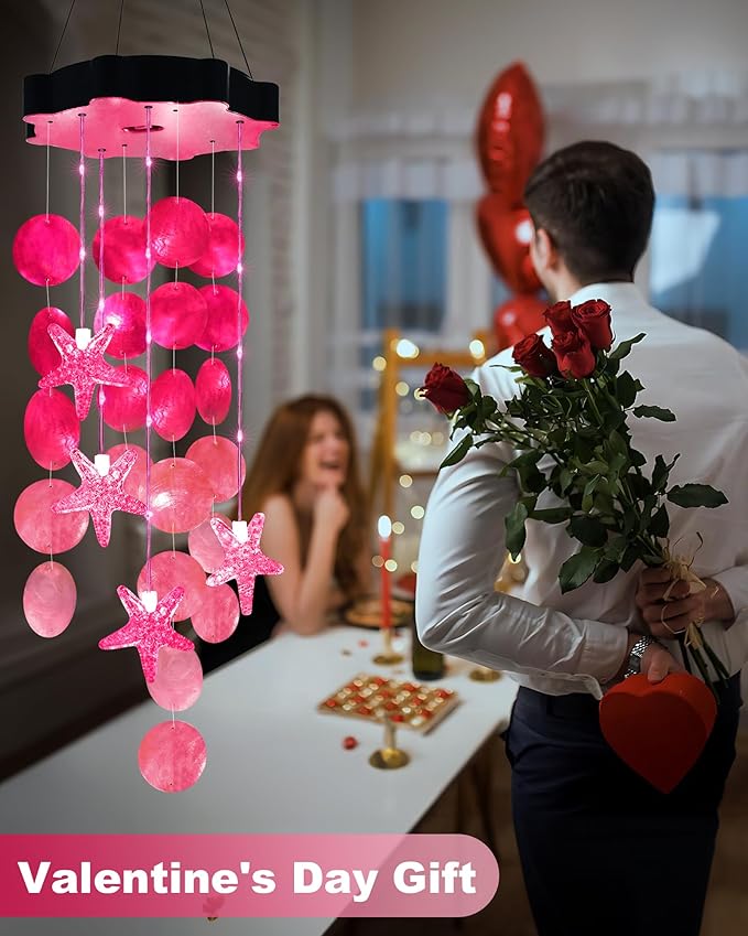 Toodour Solar Wind Chimes for Outside, Shells Light Gifts for Mom Grandma Women Wife Girls, Waterproof Solar Outdoor Decorative Mobile Light for Holiday Garden Porch Yard Outdoor Decor (Pink)