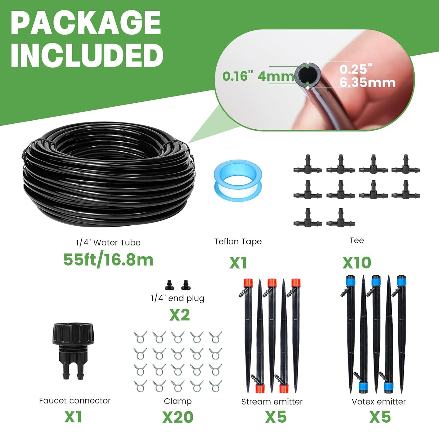 55ft Drip Irrigation System Kit, Garden Watering System DIY Automatic Irrigation Equipment Set for Lawn Raised Bed Greenhouse Plant Watering with 1/4'' Tubing, Drip Emitters, Connectors
