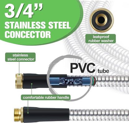 Garden Hose 100ft Stainless Steel Water Hose Super Tough Flexible Water Pipe with Brass Fittings and Sprayer Nozzle, No Kink, Rust Proof