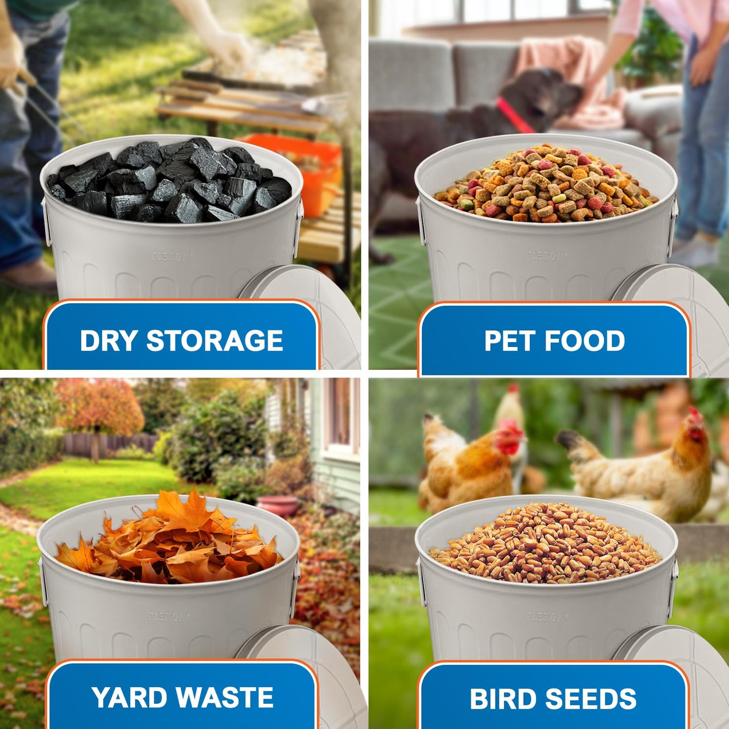 Plexon Large Metal Trash Can with Lid 20 Gallon, Decorative Outdoor Trash Can, Heavy Duty Galvanized Metal Bucket with Lid for Kitchen Garage Farmhouse, Beige, 3 Pack