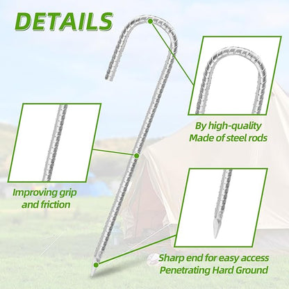 Rebar Stakes 16inx10mm Galvanized J Hook 8pcs – Heavy Duty Ground Tent Stakes for Fence,Bounce House,Outdoor Plants,Artificial Turf,Dog Coop,Metal Stakes for Christmas Decorations