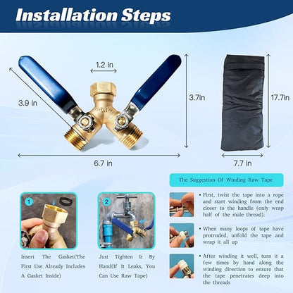 Garden Hose Splitter 2 Way Heavy Duty Brass Hose Splitter With 304 Stainless Steel Long Handle & Winter Faucet Protector, 3/4" Y Valve Thread High Flow Outdoor Faucet Splitter