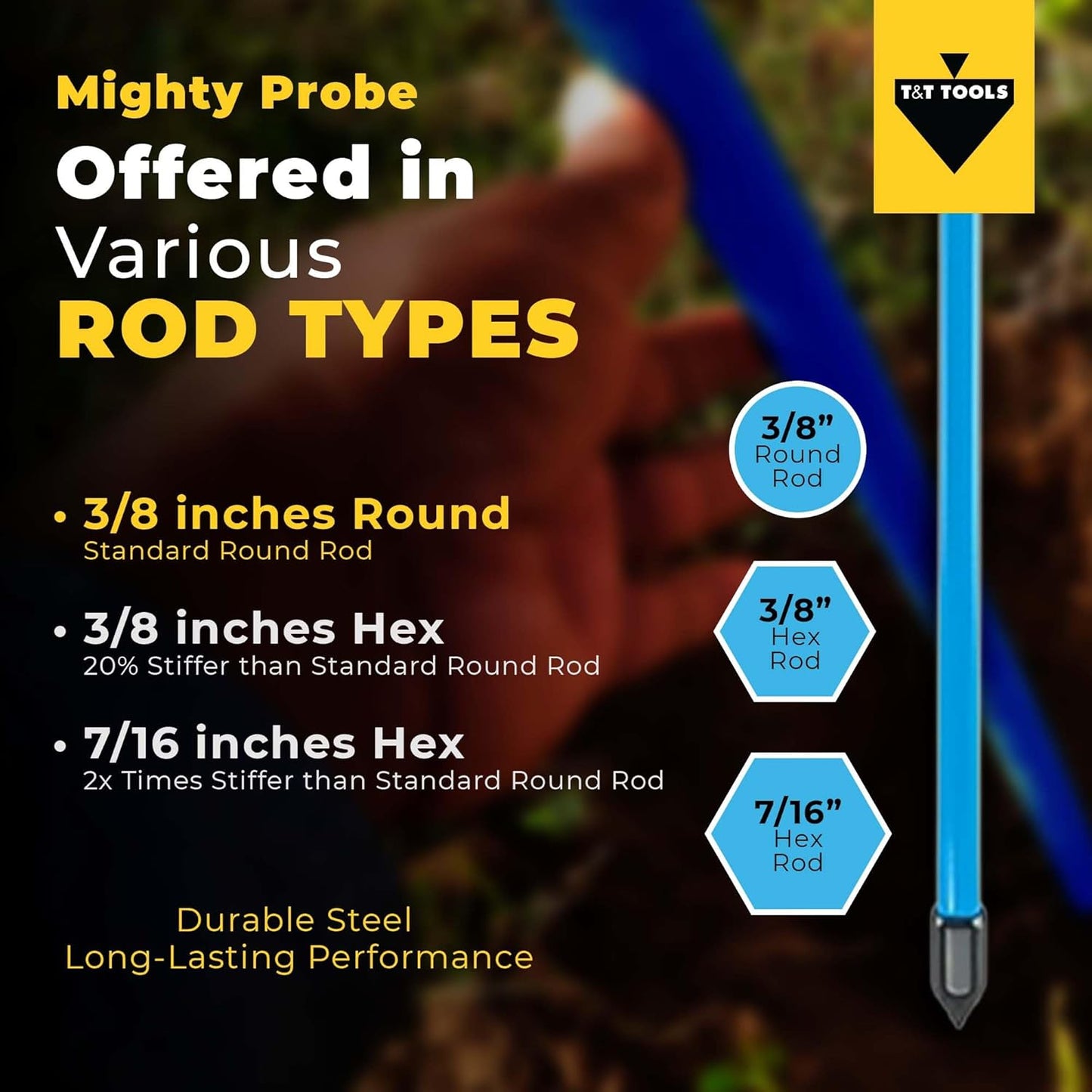 T&T Tools 48-Inch Mighty Probe Insulated Metal Soil Probe – 3/8" Metal Round Rod, Heavy Duty Design for Easy Penetration & Withdrawal, Soil Testing & Landscaping Tools, T-Handle, USA-Made-2 Pack