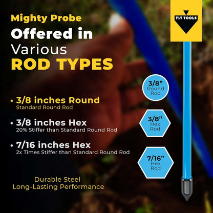 T&T Tools 48-Inch Mighty Probe Insulated Metal Soil Probe – 3/8" Metal Round Rod, Heavy Duty Design for Easy Penetration & Withdrawal, Soil Testing & Landscaping Tools, T-Handle, USA-Made-2 Pack
