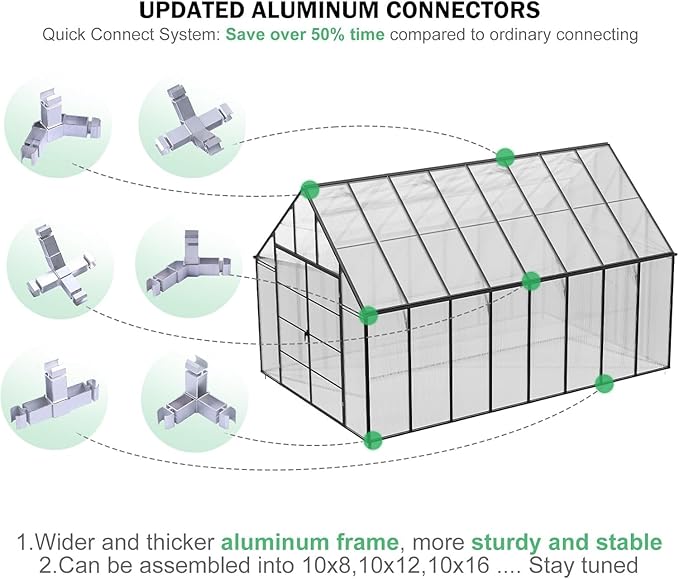 CDCASA 10x20 FT Greenhouse for Outdoors,Large Easy Assembly Large Polycarbonate Greenhouse Aluminum Greenhouses w/4 Vents Window, Swing Door Walk-in Green House for Ouside,Backyard,Garden, Black
