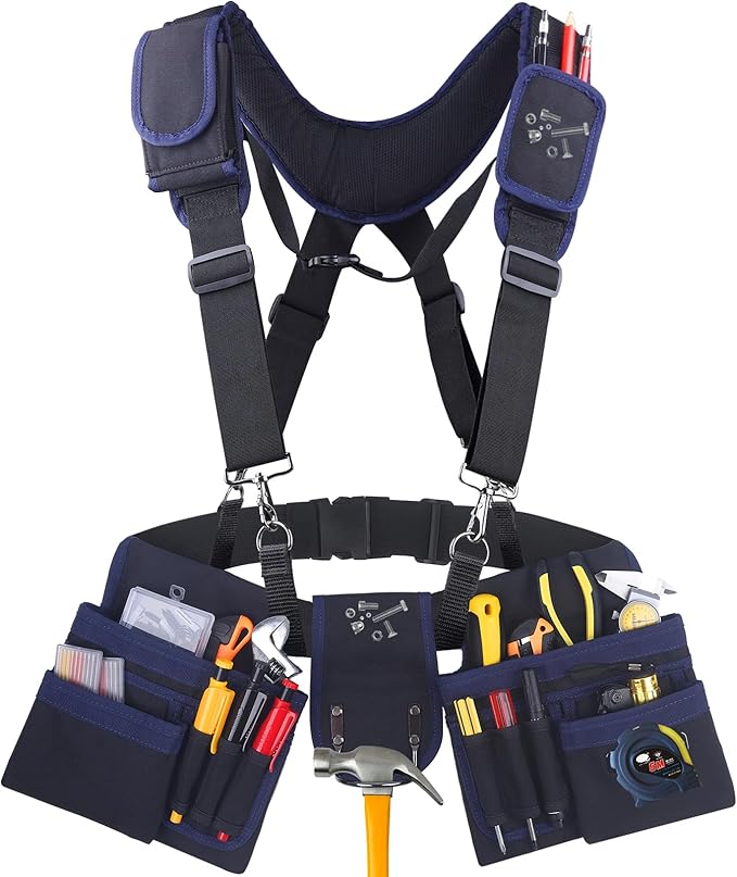 Tool Belt With Suspenders, 24 Pockets Tool Bag with Magnetic Wristband, Detachable Tool Pouch Bag, Adjustable Waists for Men Electrician Carpenter Construction(Blue)