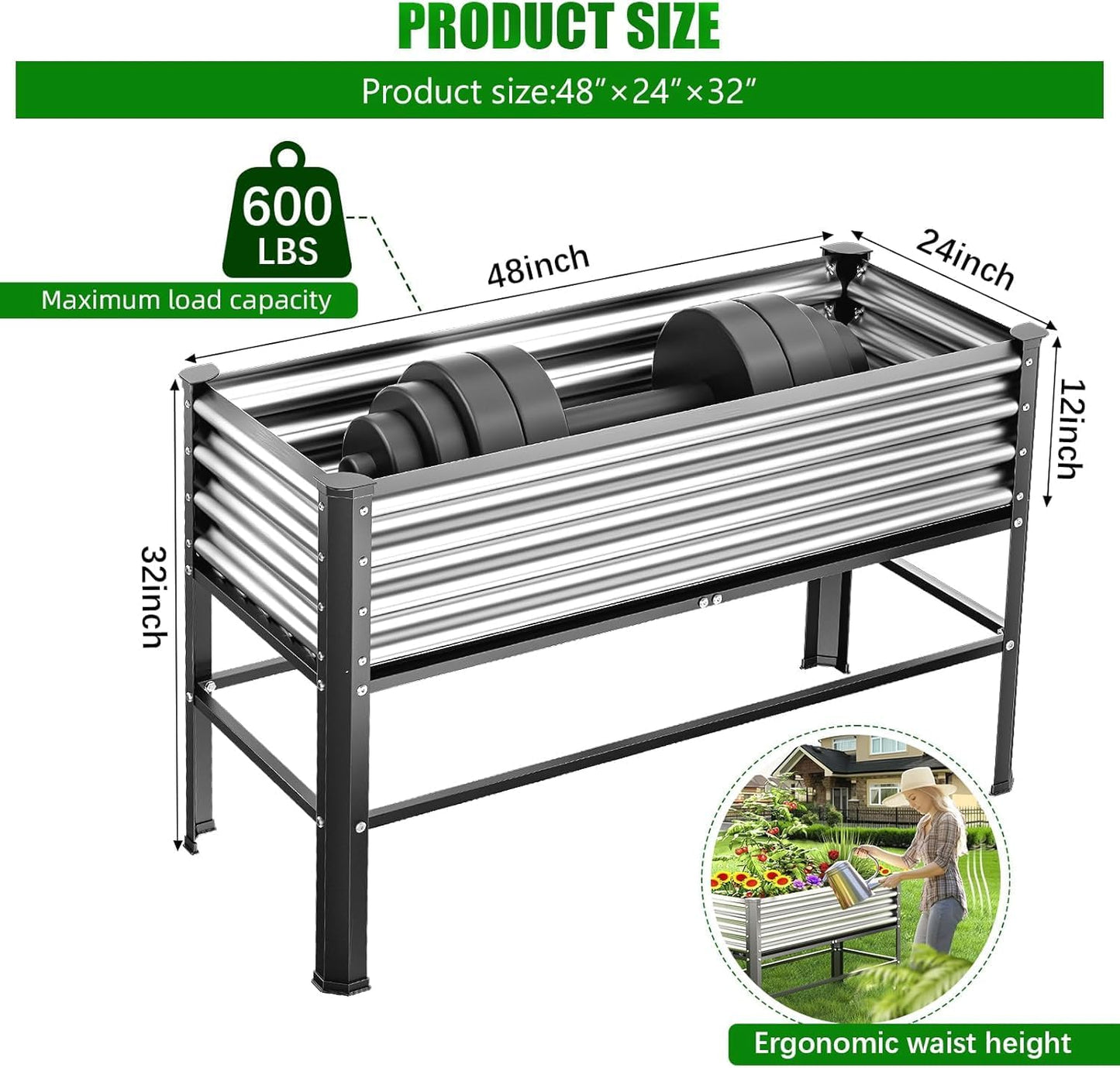 Doniks Raised Garden Bed with Legs, 48×24×32in Large Outdoor Metal Galvanized Garden Planting Box, 600lb Capacity for Vegetables Lawn Green Flowers, Fruits, Terrace