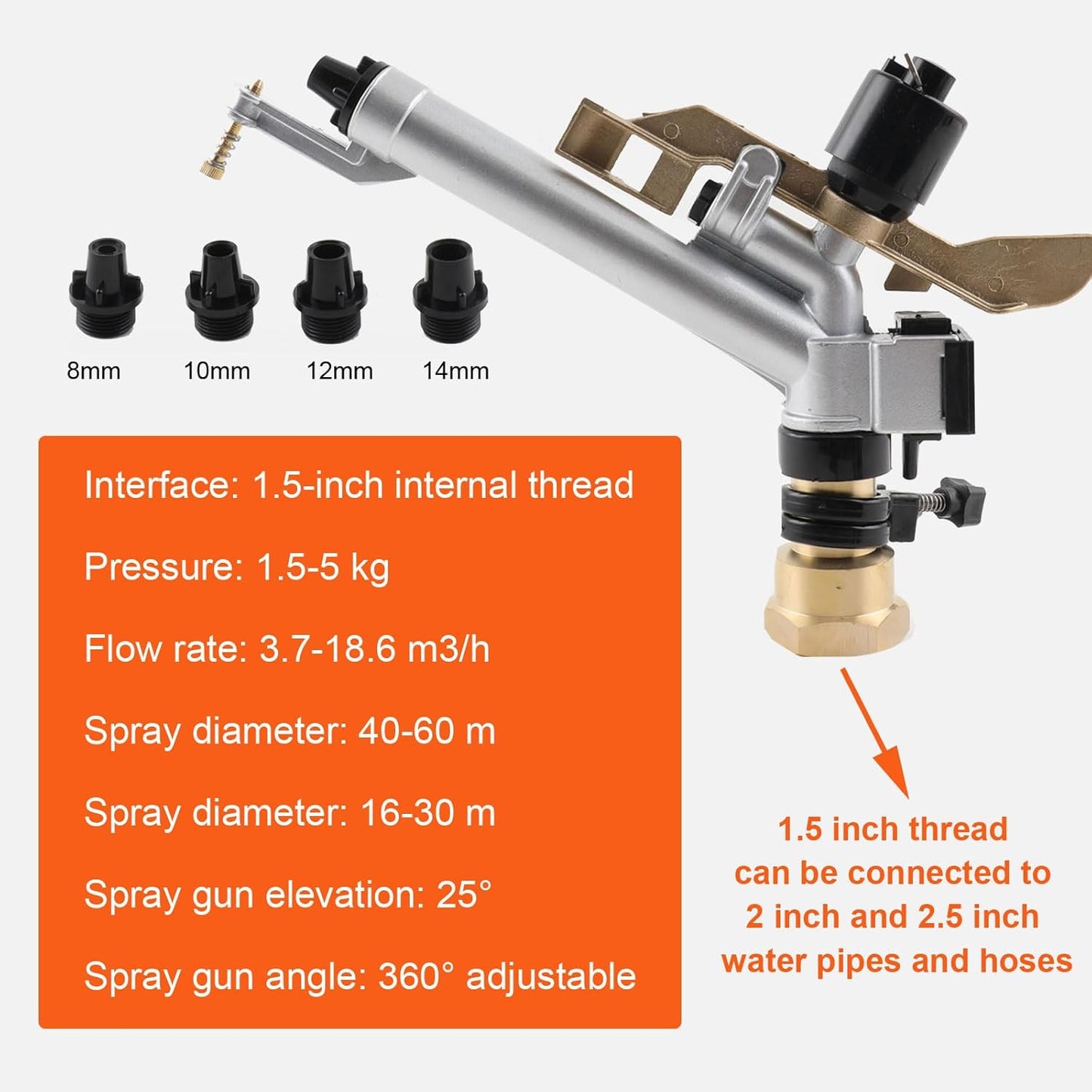 1.5" 360 Impact Adjustable Water Gun Spray Nozzle Set Large-Area Garden Farm Lawn