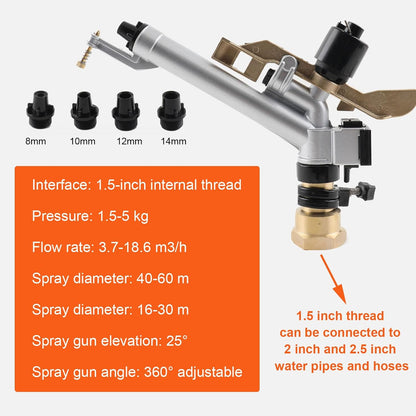 1.5" 360 Impact Adjustable Water Gun Spray Nozzle Set Large-Area Garden Farm Lawn
