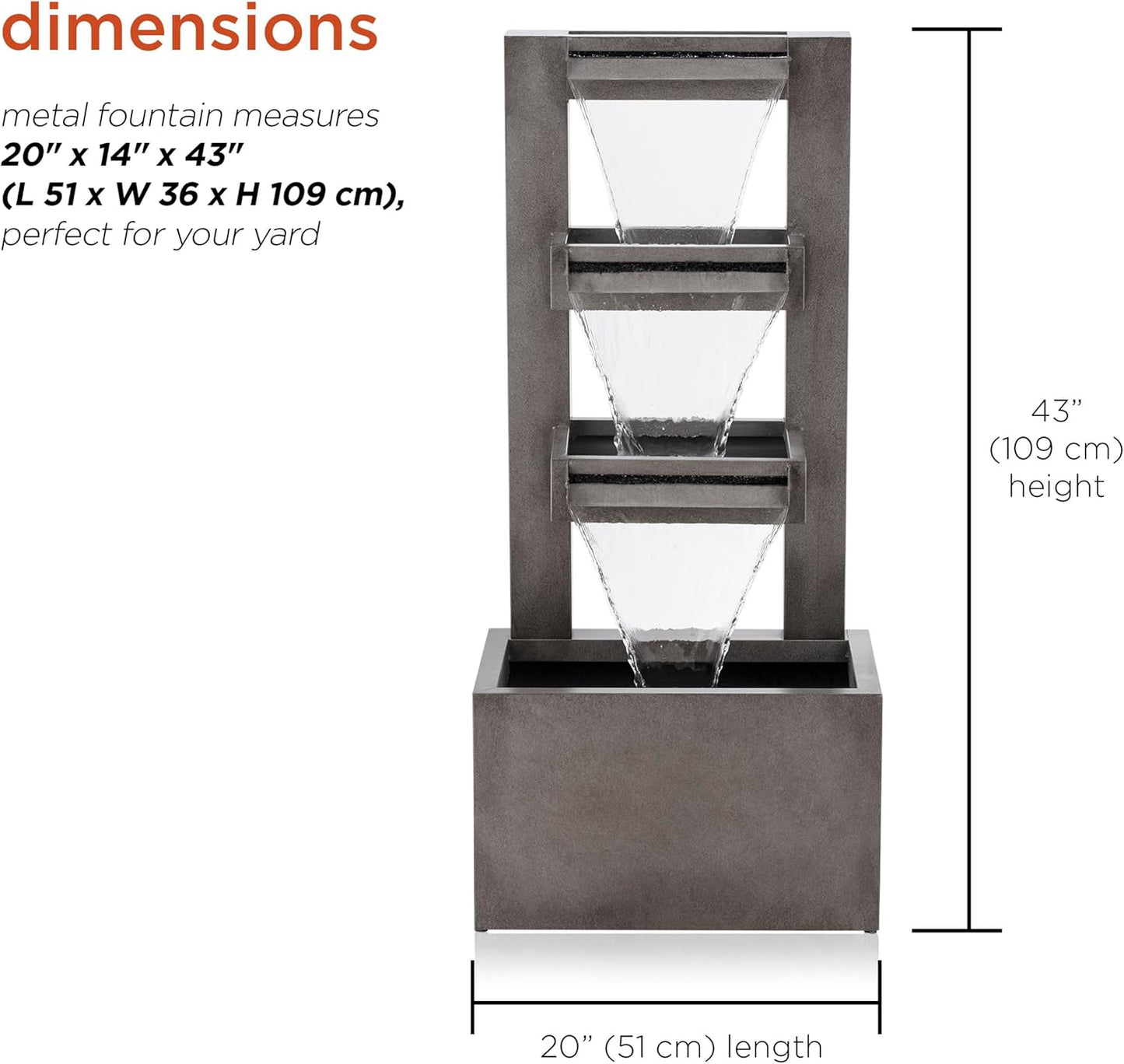 Alpine Corporation 43" Tall Multi-Tier Waterfall Fountain - Industrial Style Water Feature for Garden, Patio, Yard, Backyard, Relaxing Water Flow, and Serene Landscaping, Gray