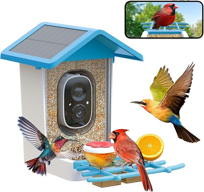Smart Bird Feeder with Camera: Solar Powered Birdhouse with AI Recognition, Wireless Bird House with Camera for Outdoor, Unique Birthday Gifts for Mom Dad - Blue