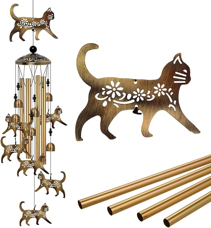 Outside Cat Wind Chime Decor, Memorial Wind Chimes, Cat Wind Catcher, Mobile Wind Bells, Bronze Wind Chimes for Home, Yard, Patio, Garden Cat Decoration, Festival Gifts for Mom, Cats Chimes