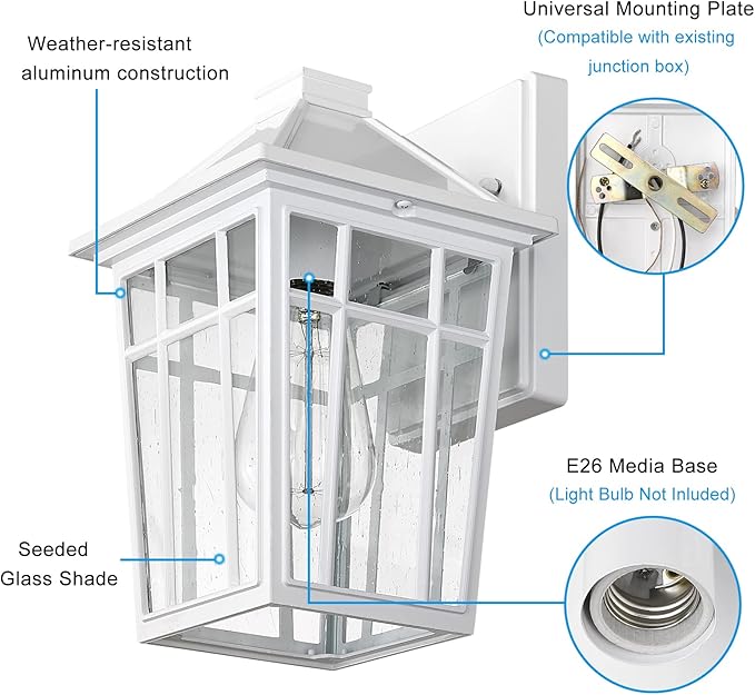 Darkaway Outdoor Sconce Lights Wall Light Fixtures, Front Porch Light Outdoor Wall Anti-Rust Waterproof Aluminum with Glass Exterior Light Fixture for Patio, Yard, Doorway, Garage (2 Pack, White)