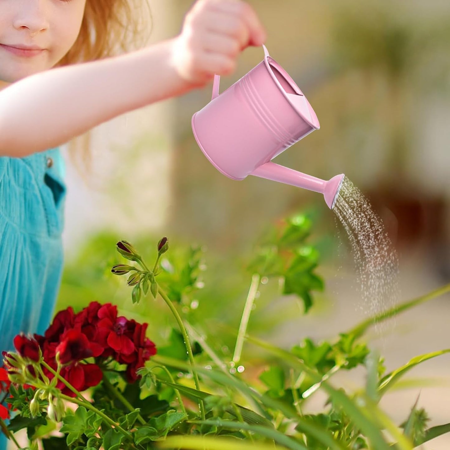 Small Metal Watering Can Set, Pink, 1.2L and 0.23L Garden Cans with Long Spout, Indoor Outdoor Plant Care (Pink)