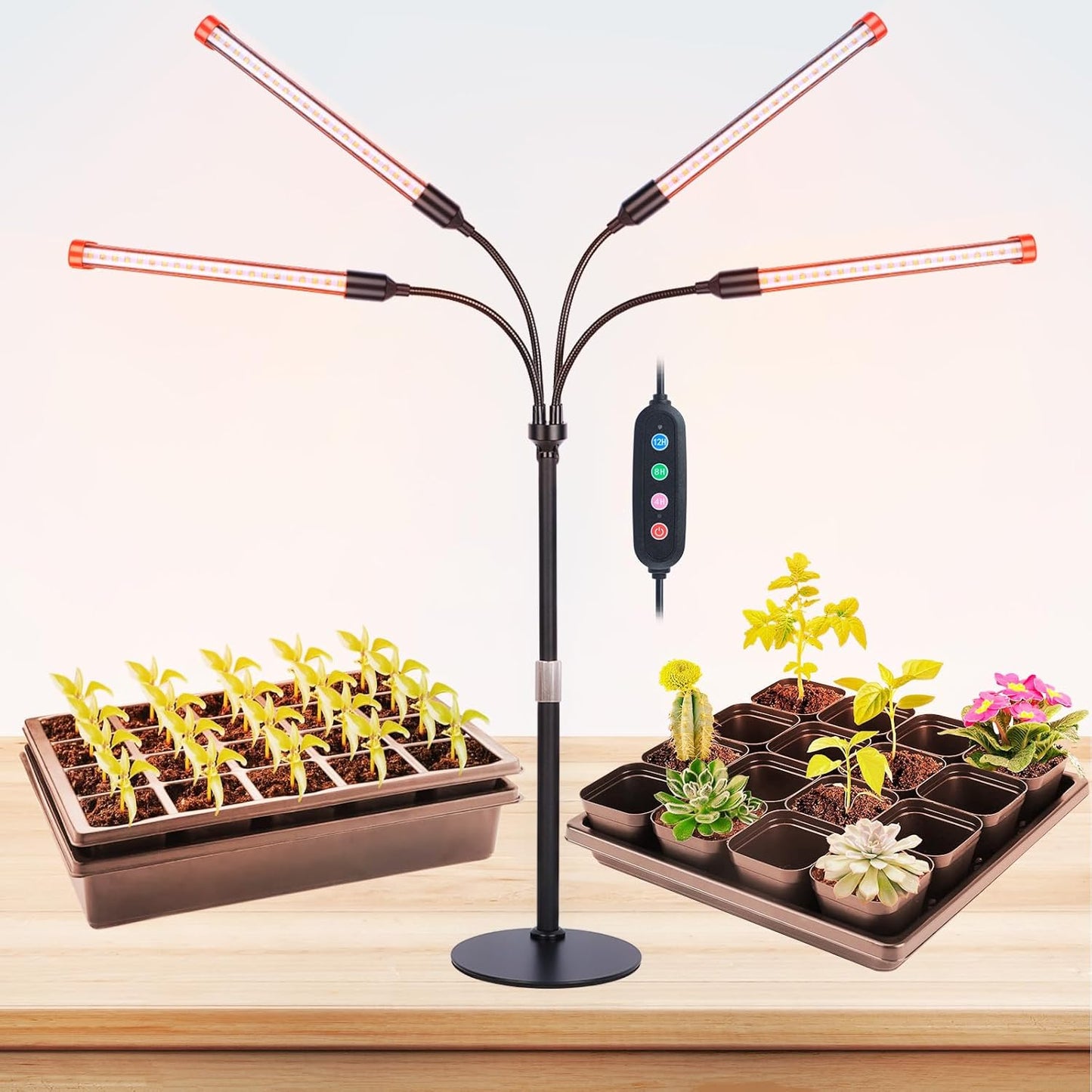 4-Head Table Top Grow Lights for Indoor Plants, Seed Starting, Bonsai with Timer, 36W Power Home Plug, FECiDA 2025 Full Spectrum Plant Growing Lamps, 16"-24" Height Adjustable