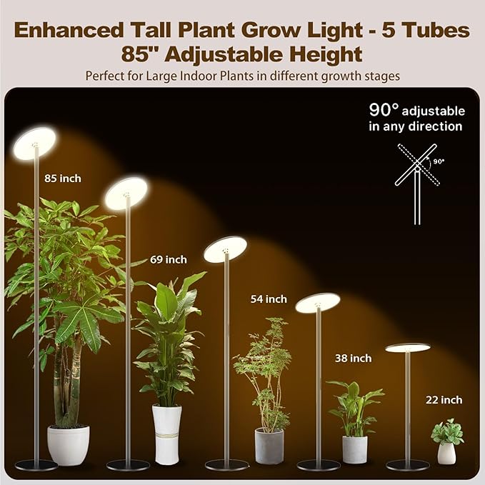 60W Full Spectrum LED Tall Grow Light, 85’’ Adjustable Standing Plant Light for Indoor Plants, 4/8/12H Timer & 10-Level Dimmable, Ideal for Large Plants & Indoor Trees